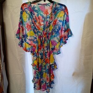 Bleu Rod Beattie Sheer Floral Tie-Front Cover-Up in Pink and Blue